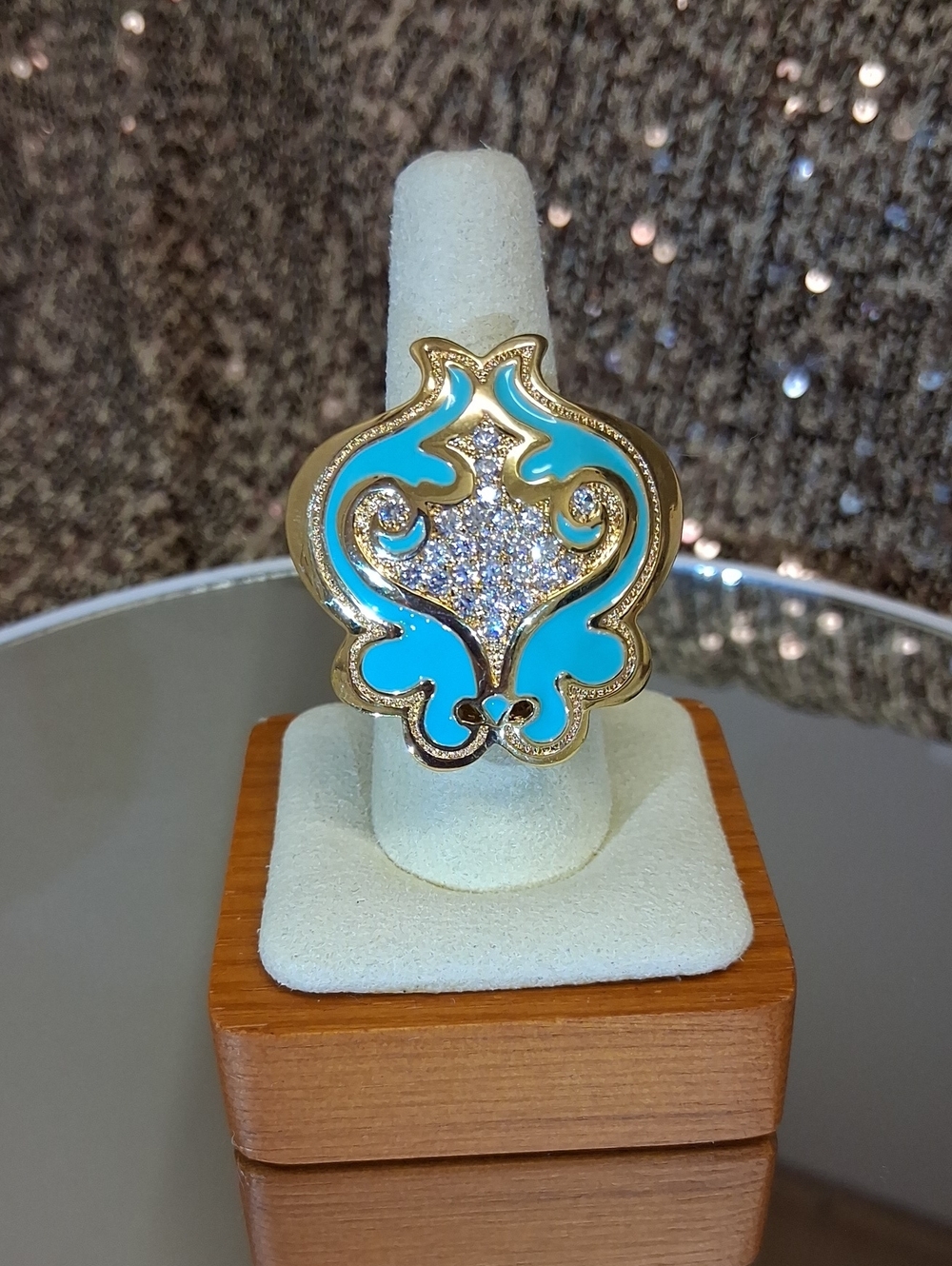 Gold-Tone Turquoise Enamel & Crystal Filigree Ring